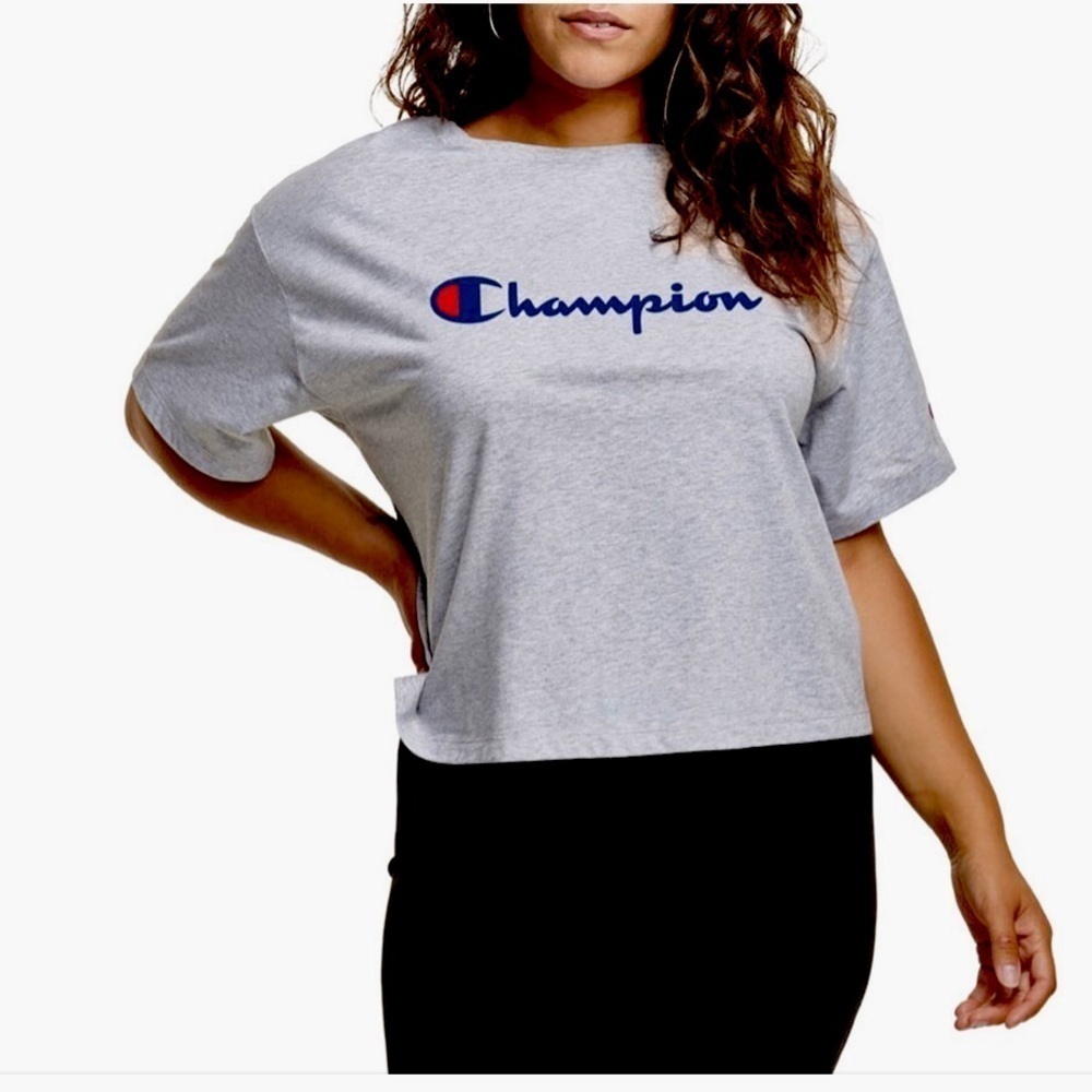 Champion Tee Shirt Graphic Logo Short Sleeve Crew Neck Boxy Grey Women’s Plus 2X - Picture 2 of 16
